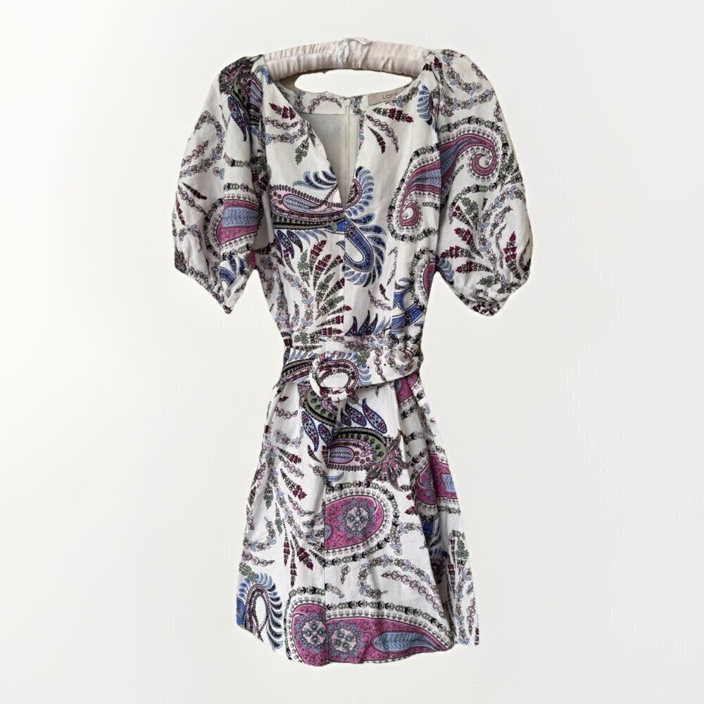 LOFT Women's Paisley Linen Blend Belted Puff Sleeve Dress Size 8